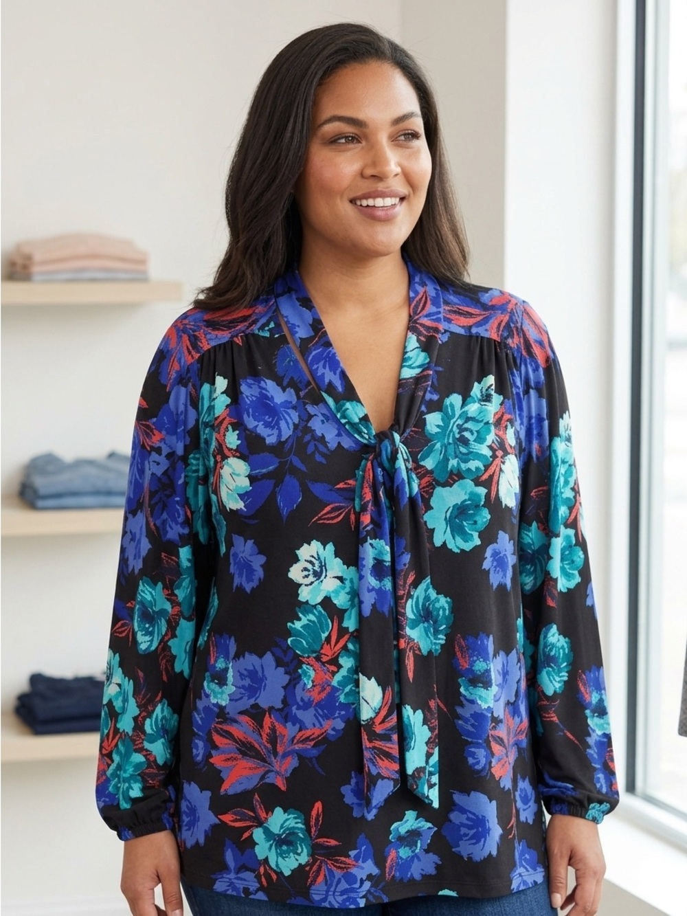 Jessica London Floral Tie Neck Blouse Blue Teal Black Plus Size 22/24 EUC